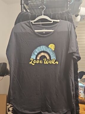 new directions Black Short Sleeve Tee with Blue and Yellow Graphic